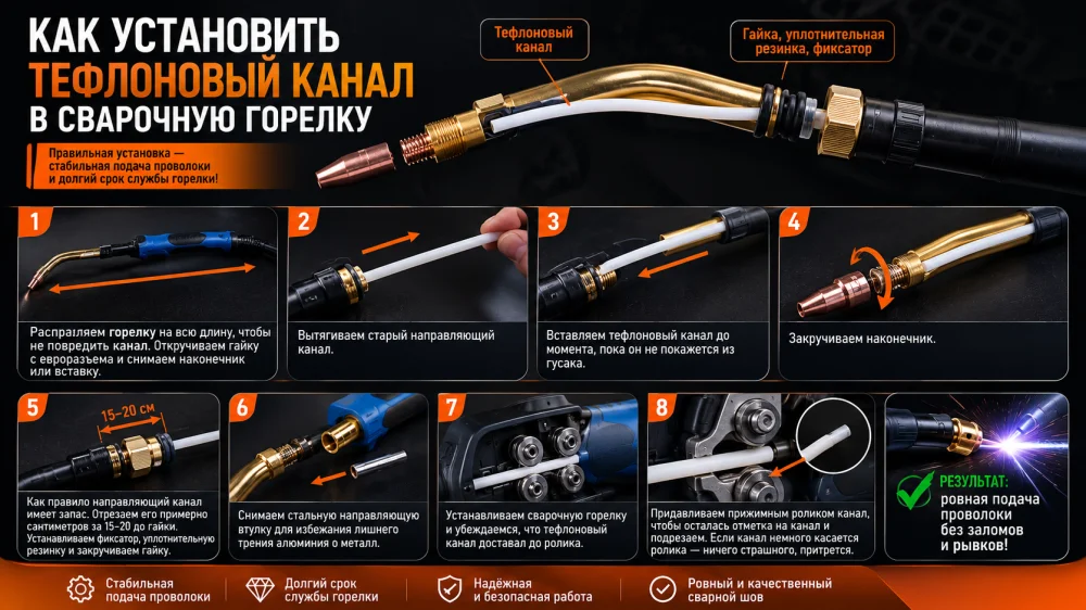 Как установить тефлоновой канал в сварочную горелку