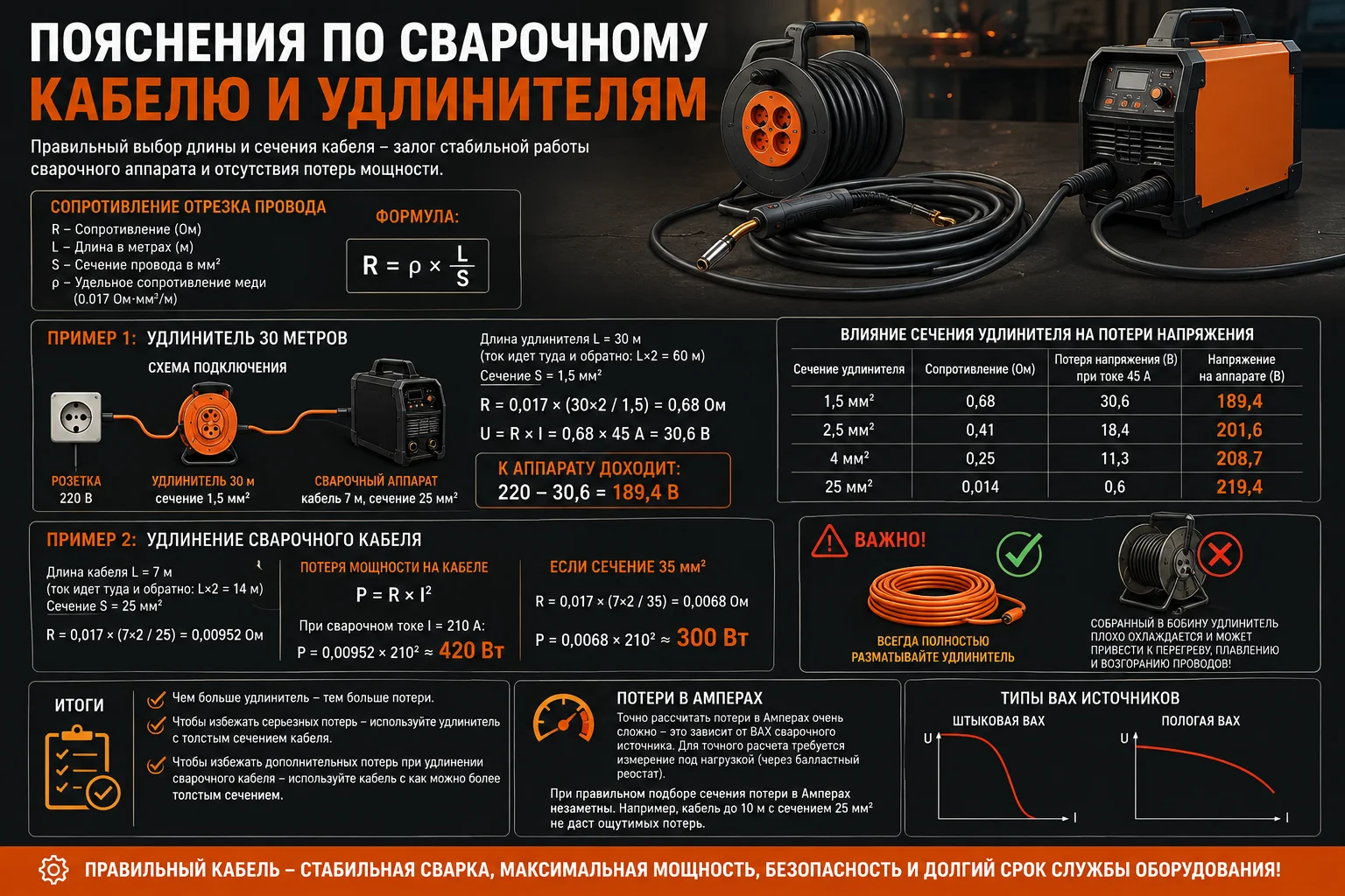 Пояснения по сварочному кабелю и удлинителям.