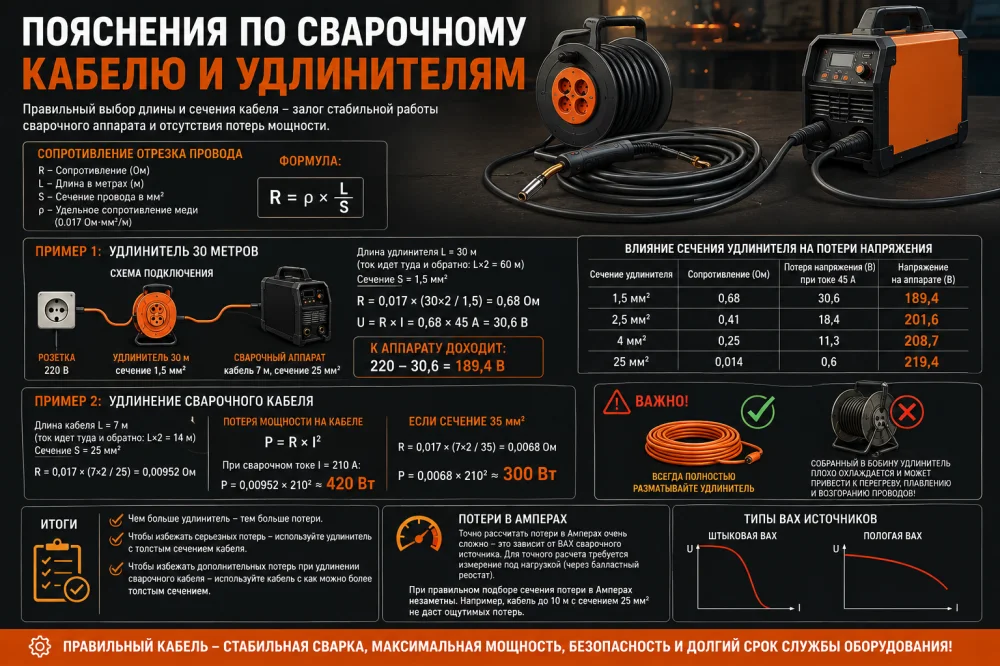 Пояснения по сварочному кабелю и удлинителям.