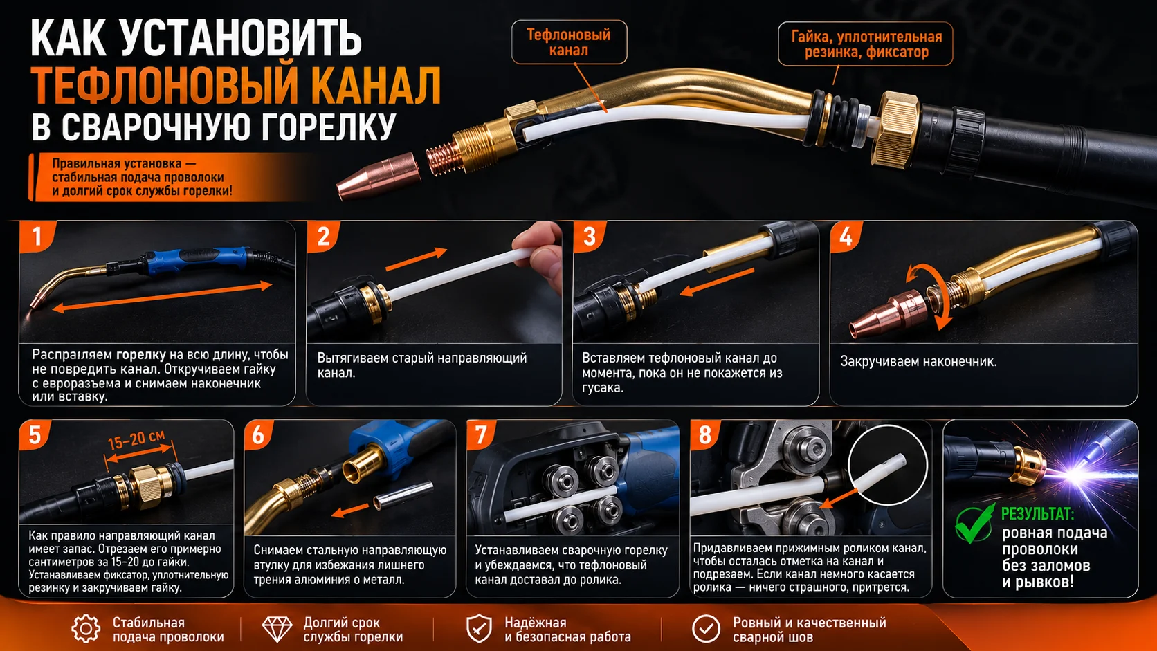 Как установить тефлоновой канал в сварочную горелку