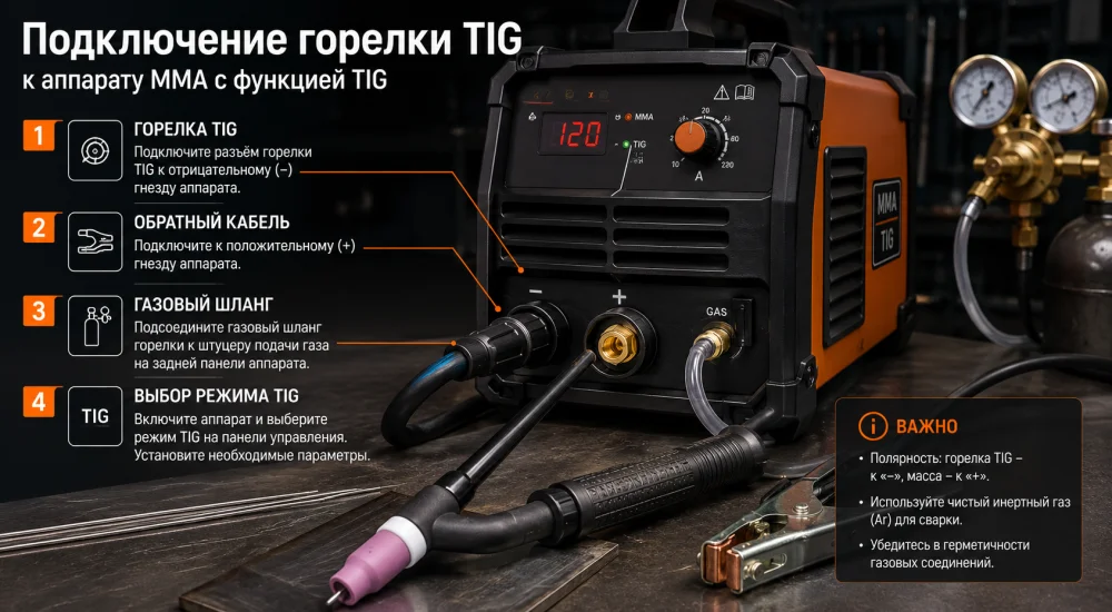 Подключение горелки TIG к аппарату ММА с дополнительной функцией TIG.